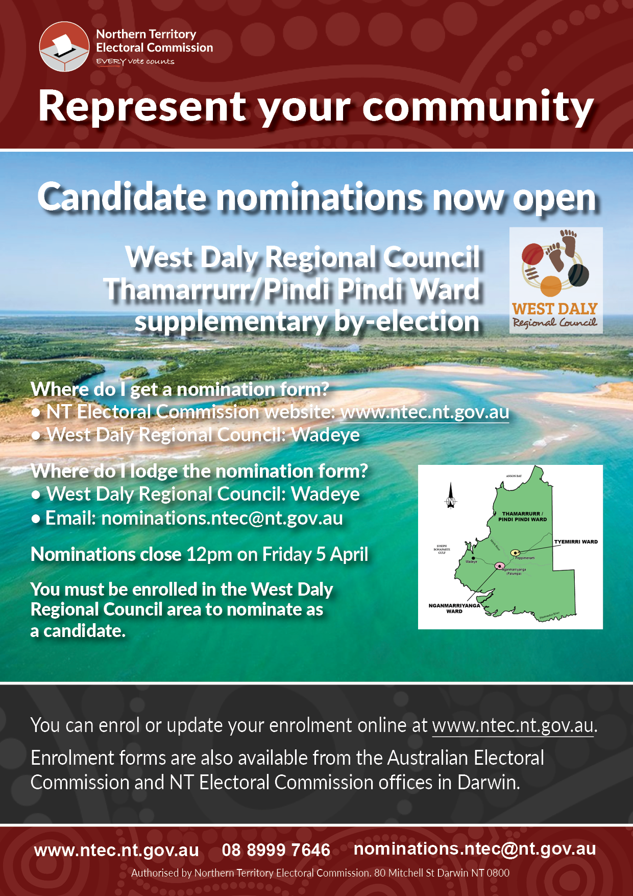 West Daly Regional Council Thamarrurr/Pindi Pindi Ward by-election - Call for nominations